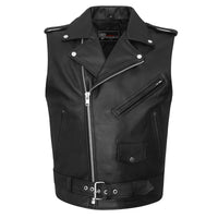 Men's Premium Naked Leather Classic Motorcycle Vest Plain Side & Belted Waist