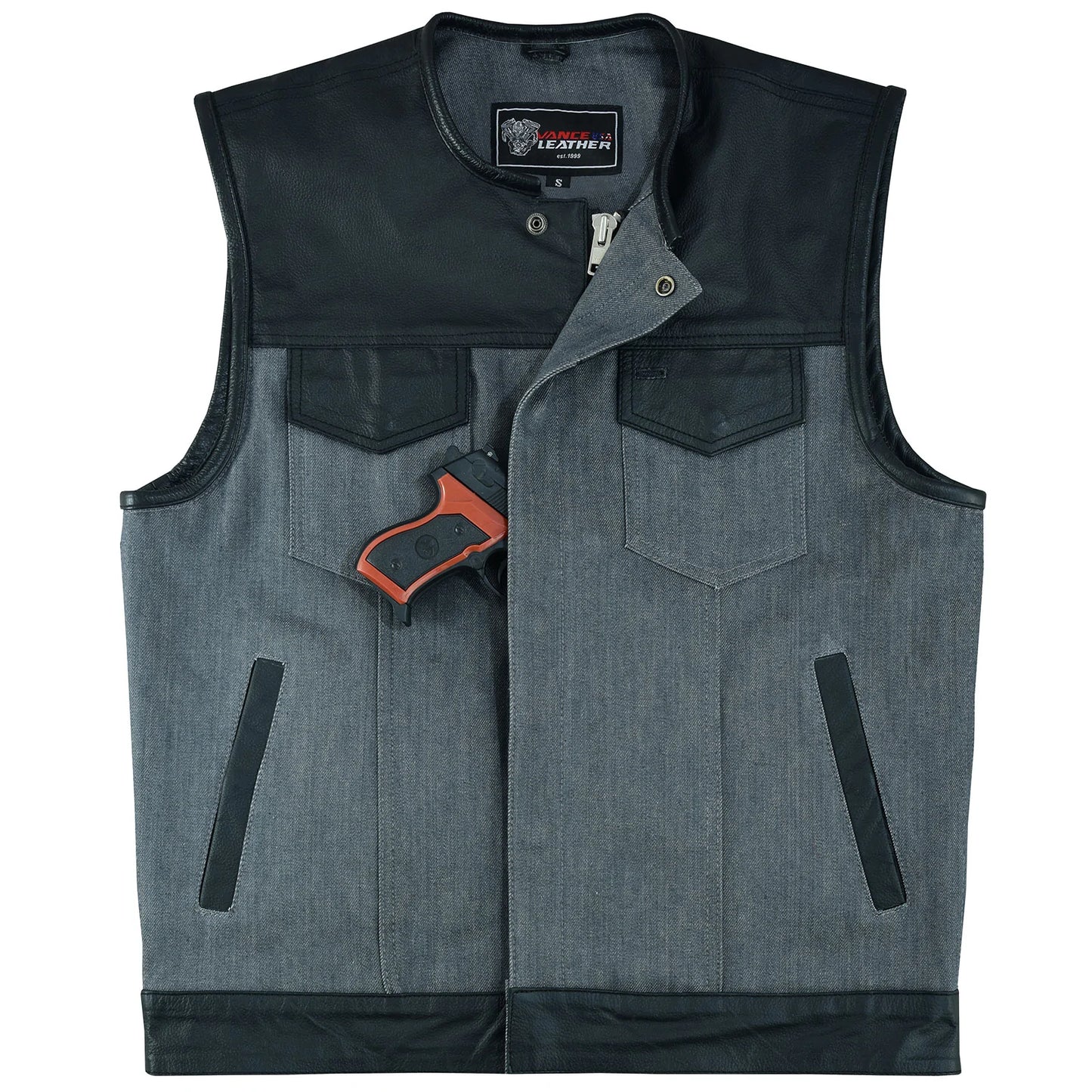 Men's Grey Denim & Leather Motorcycle Vest with CCW Pockets