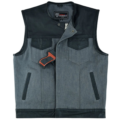 Men's Grey Denim & Leather Motorcycle Vest with CCW Pockets