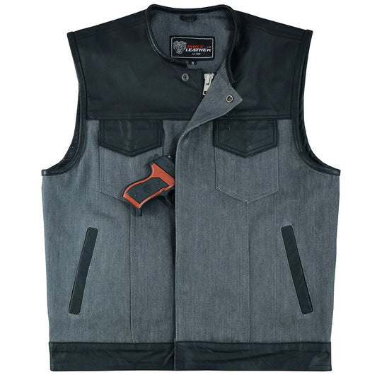 Men's Grey Denim & Leather Motorcycle Vest with CCW Pockets