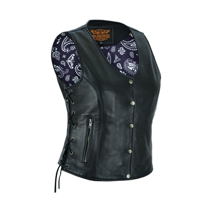 Women Vest Purp Paisley Lining Side Laces Conceal Pockets
