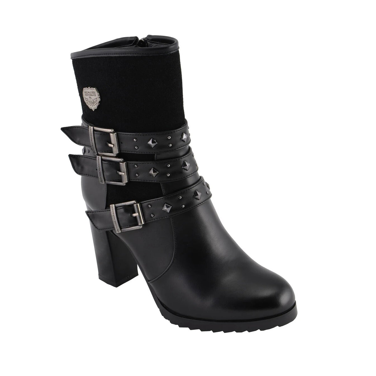 Womens Black Triple Buckle Strap Riding Boot with Block Heel