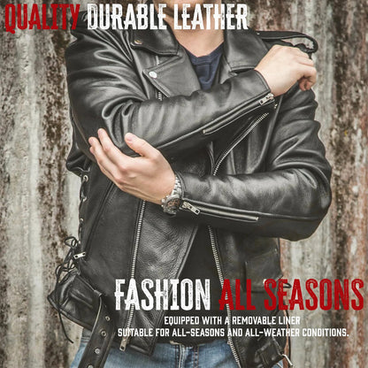 Black Classic Police Motorcycle Jacket for Men Made of Cowhide Leather w/ Side Lacing