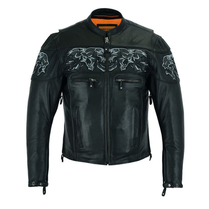 Men's Leather Concealed Carry Racing Jacket with Reflective Skulls