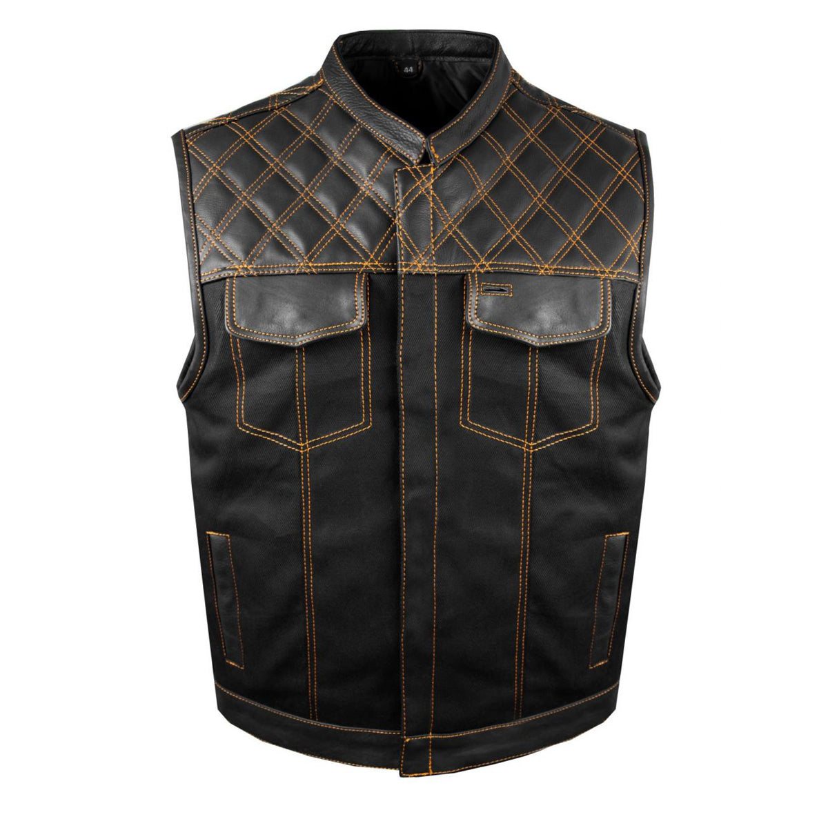 Mens Black Denim & Leather Motorcycle Club Vest Orange Thread Zipper Front, Diamond Padding