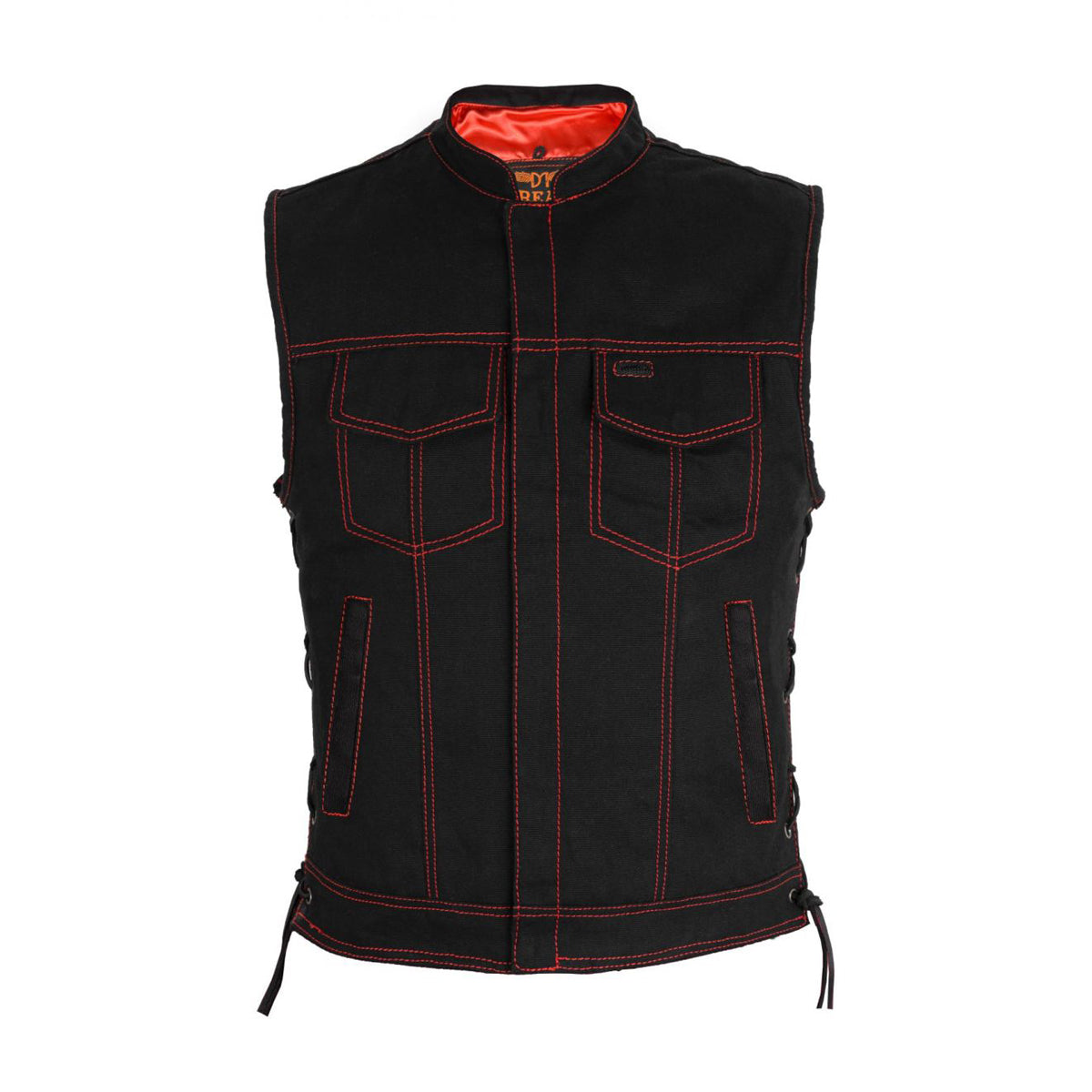Mens SOA Style Motorcycle Club Vest® Black Denim Conceal Gun Pockets Side Laces Red Thread Red Liner