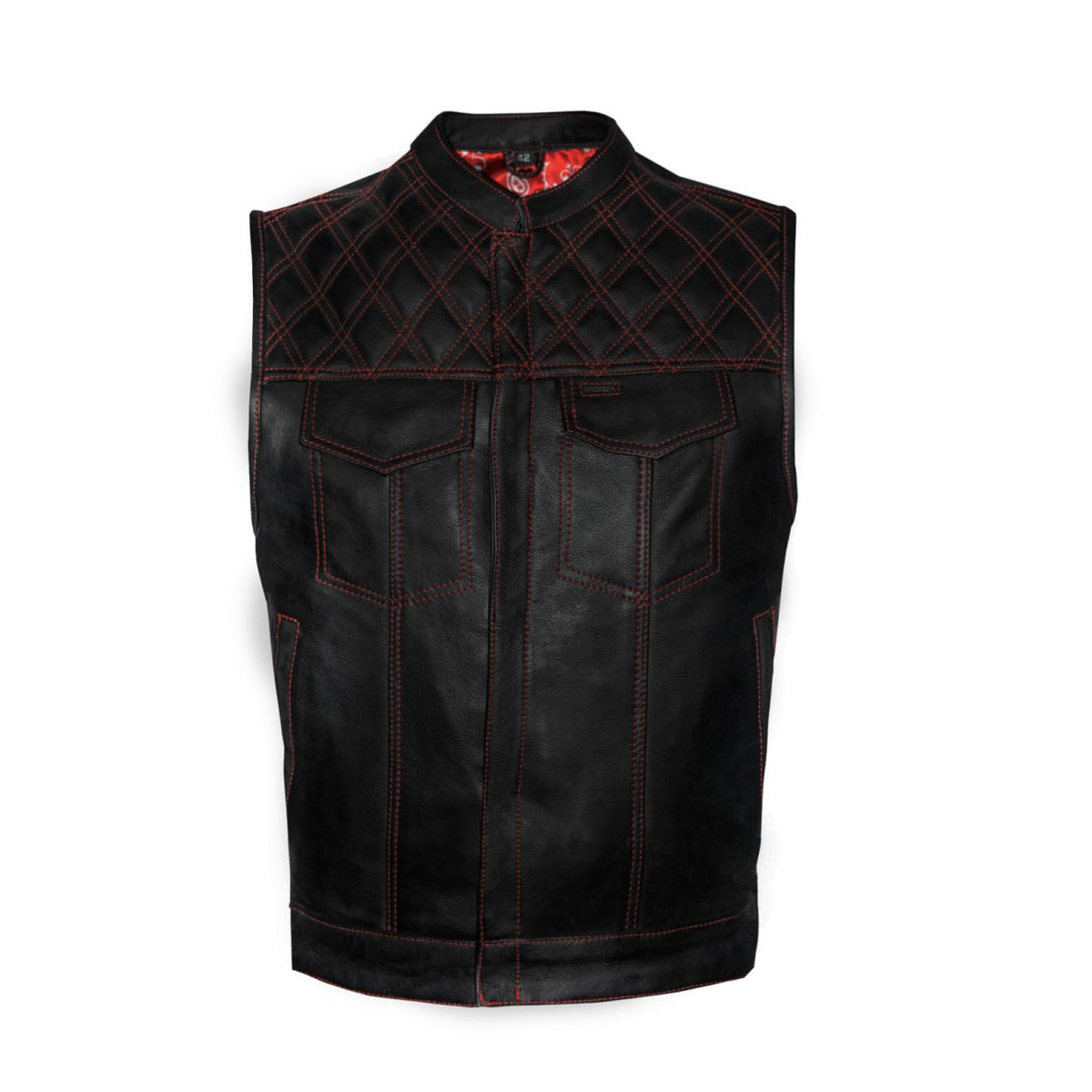 Mens Leather Club Vest Red Thread, Red Paisley Lining, Zipper Front, Diamond Padding