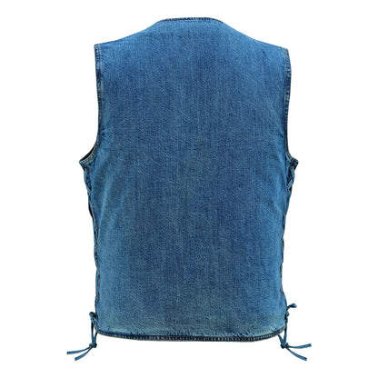 Men's Blue V-Neck Denim Vest for Motorcycle Riders