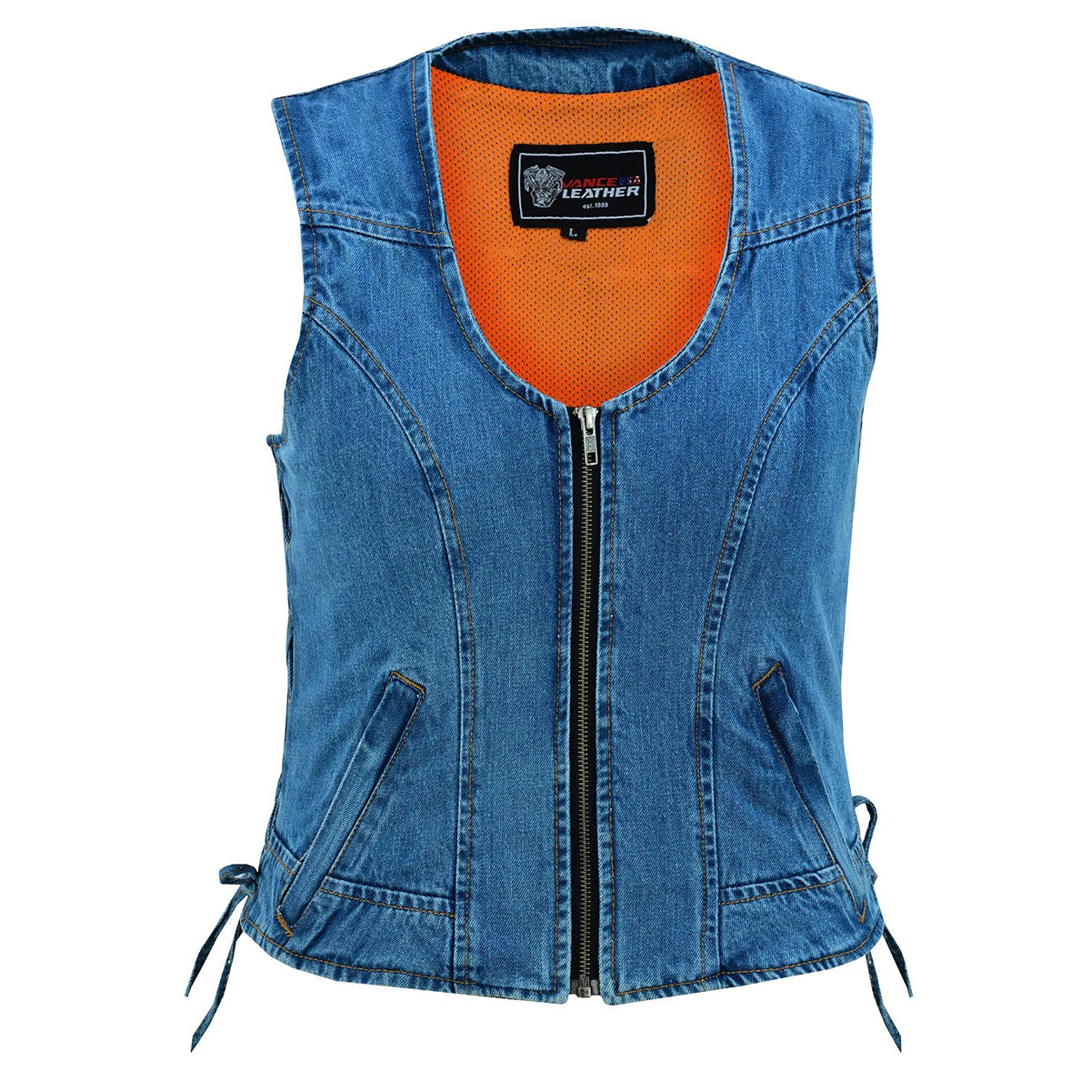 Women's Blue Denim V Neck Vest with Zipper & side laces