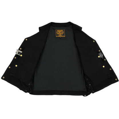 Men's Black Side Lace Denim Vest with Chest Pockets