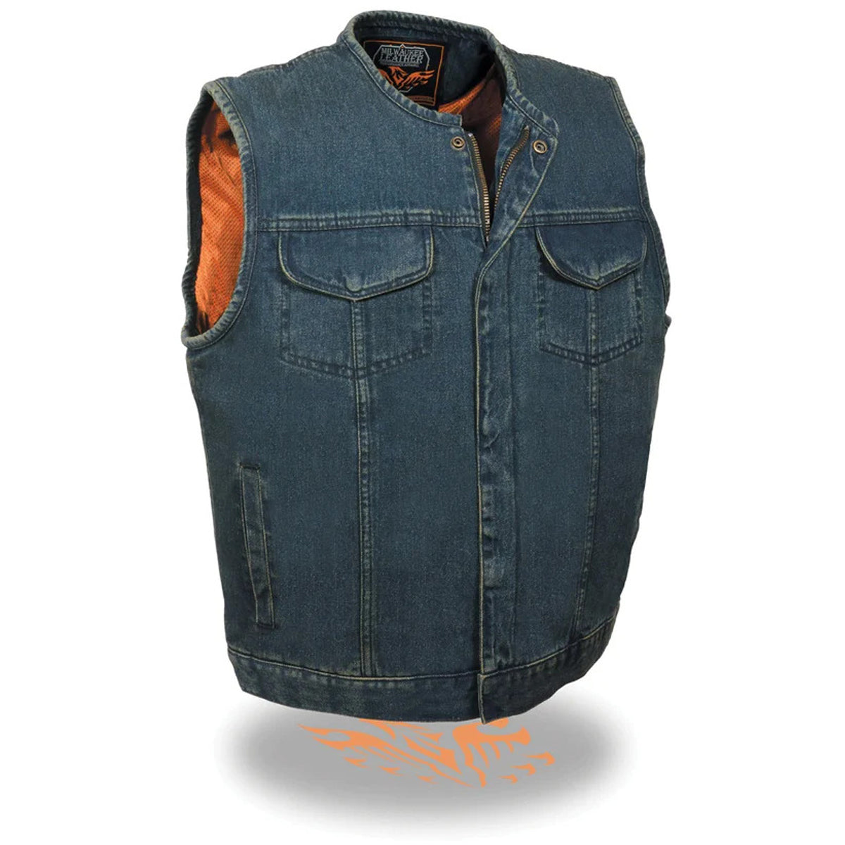 Men's Collarless Blue Denim Club Style Vest with Dual Closure