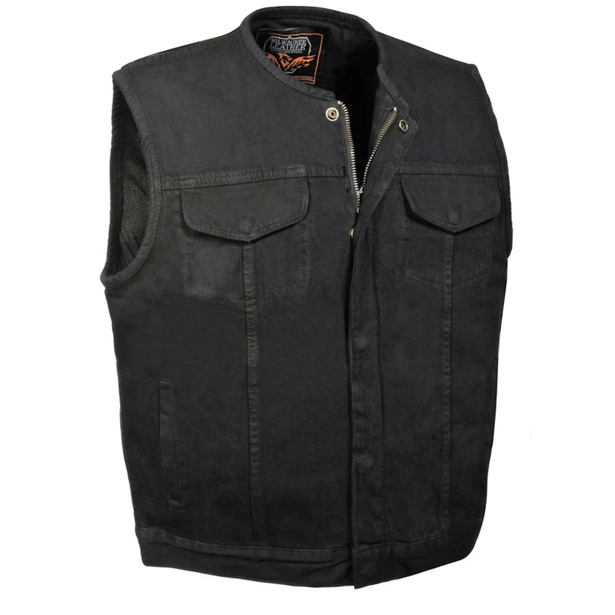 Men's Collarless Black Denim Club Style Vest with Dual Closure