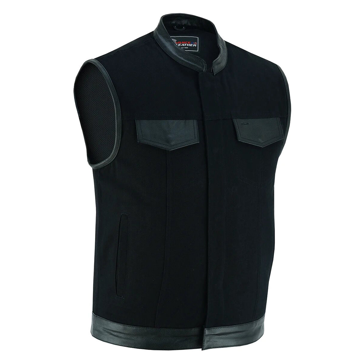 Denim Black Club Vest with Leather trims