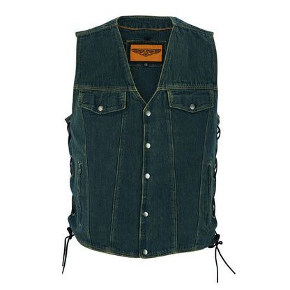 Motorcycle Denim Vest Side Laces V-collar Front Zipper Pockets