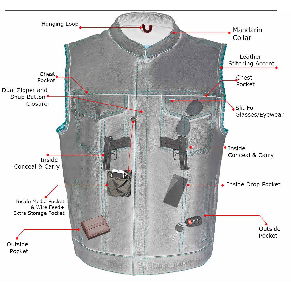 Men’s ‘Old Glory’ Black Leather with Red Stitching Vest and Laced Arm Holes