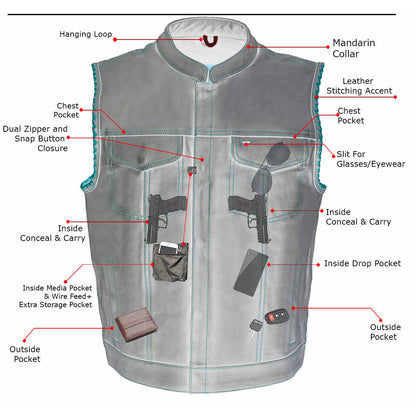 Men’s ‘Old Glory’ Black Leather with Red Stitching Vest and Laced Arm Holes