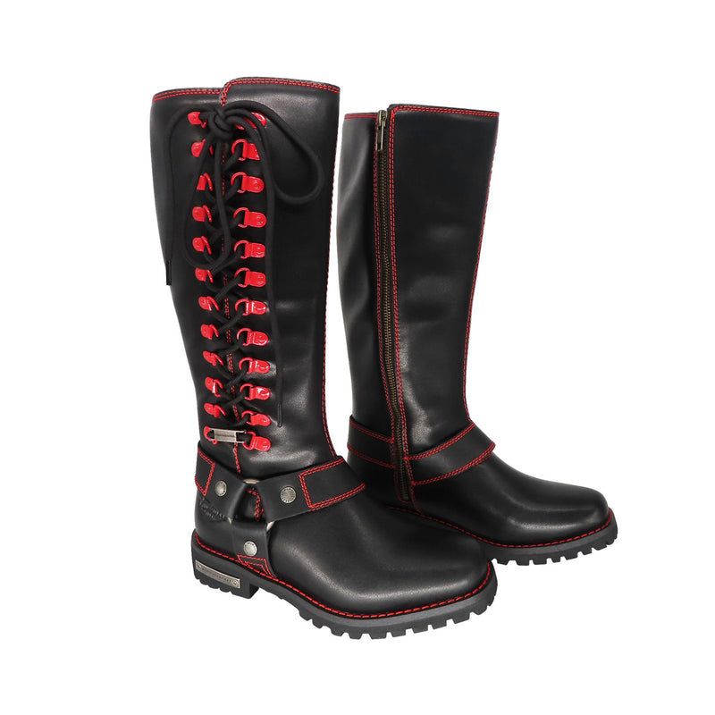 Milwaukee Riders Women Biker Long Boots with Red Laces
