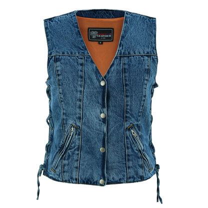 Women's Blue Denim V Neck Vest with Snap opening & side laces
