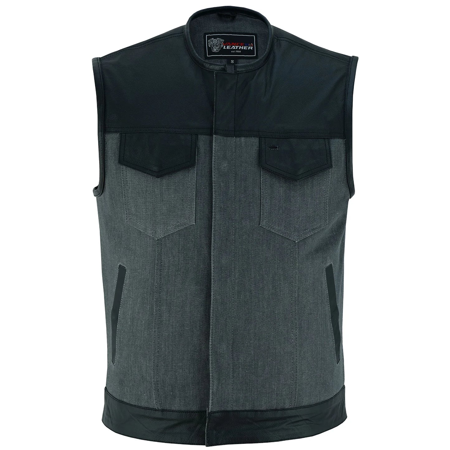 Men's Grey Denim & Leather Motorcycle Vest with CCW Pockets