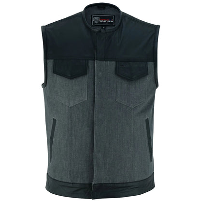 Men's Grey Denim & Leather Motorcycle Vest with CCW Pockets