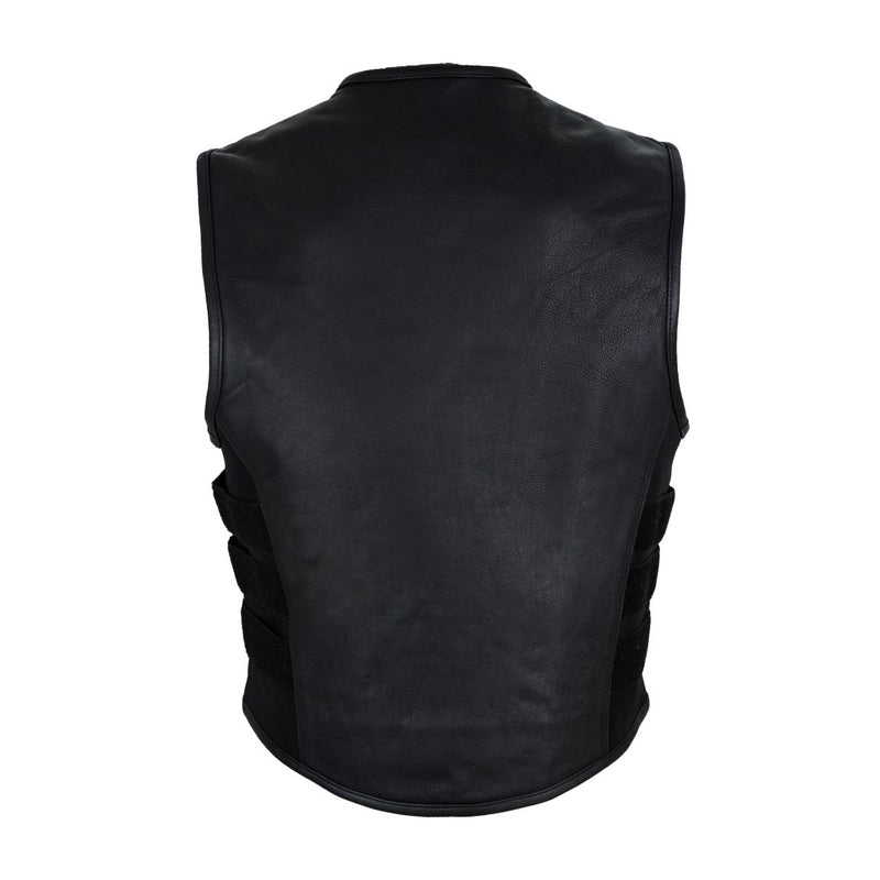 Men's Black Bullet Proof Style Leather Vest with Straps on Side