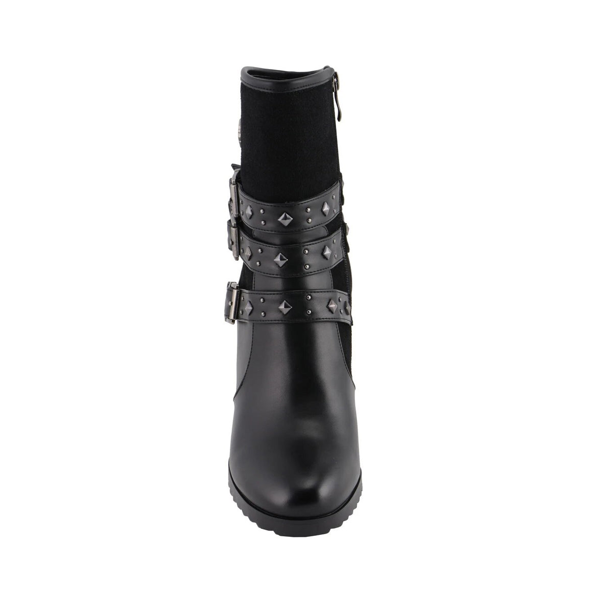 Womens Black Triple Buckle Strap Riding Boot with Block Heel