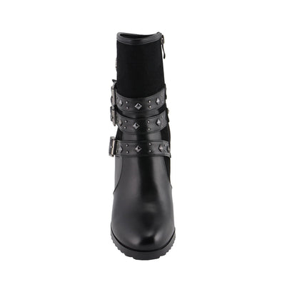 Womens Black Triple Buckle Strap Riding Boot with Block Heel