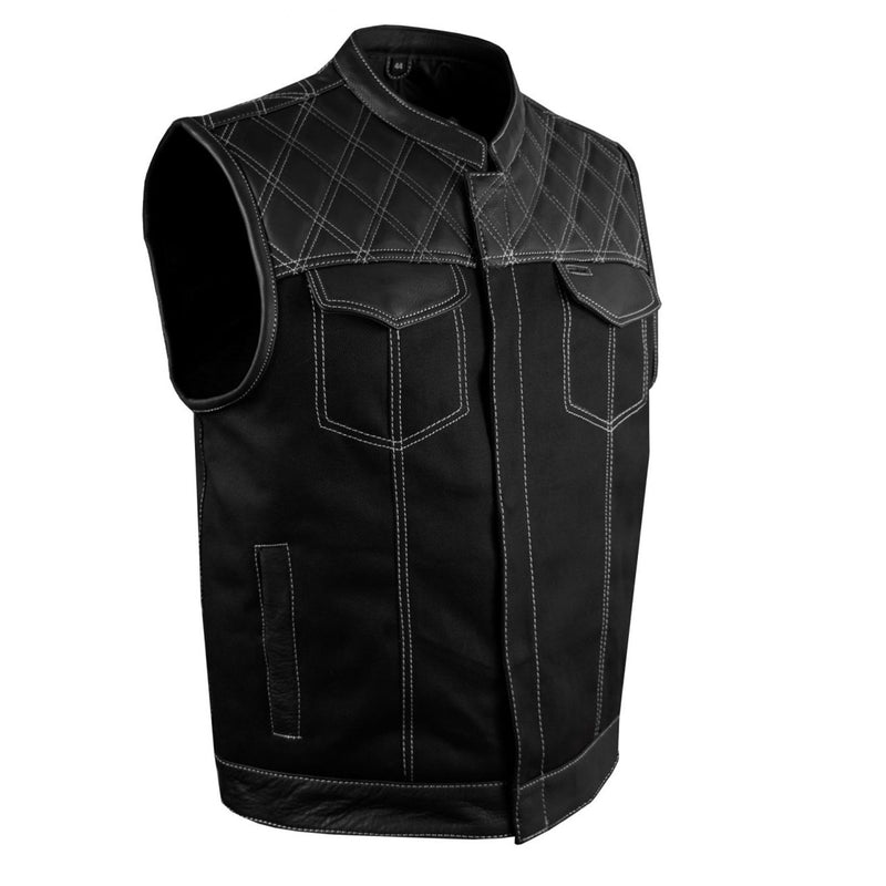 Mens Black Denim & Leather Motorcycle Club Vest White Thread Zipper Front, Diamond Padding