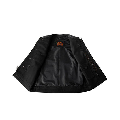 Mens Black Denim & Leather Motorcycle Club Vest Orange Thread Zipper Front, Diamond Padding