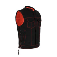 Mens SOA Style Motorcycle Club Vest® Black Denim Conceal Gun Pockets Side Laces Red Thread Red Liner