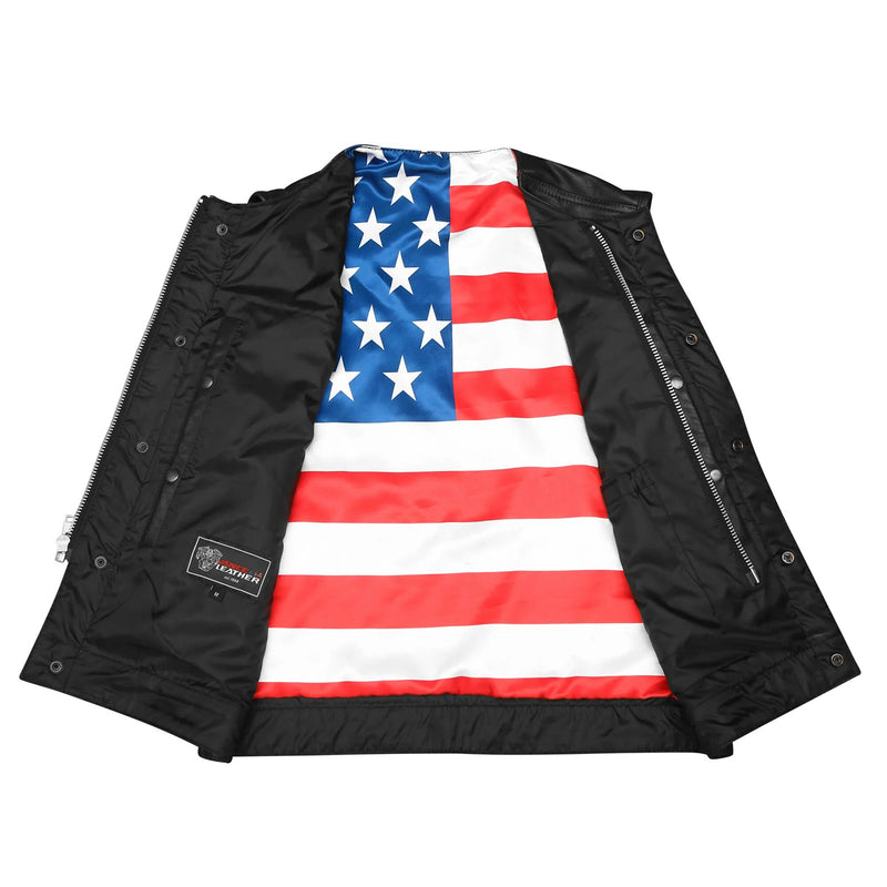 High Mileage Men's Zipper and Snap Closure Collarless Leather Club Vest with American Flag Liner