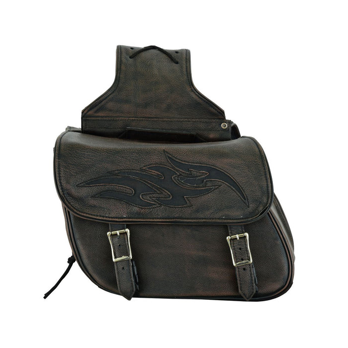 Genuine Distressed Brown Naked Leather Concealed Carry Saddlebag with Flame