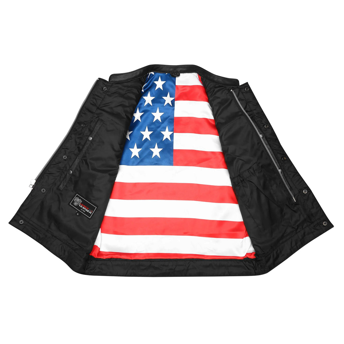 High Mileage Men's Zipper and Snap Closure Leather Club Vest with padding Quick Access with American Flag Liner