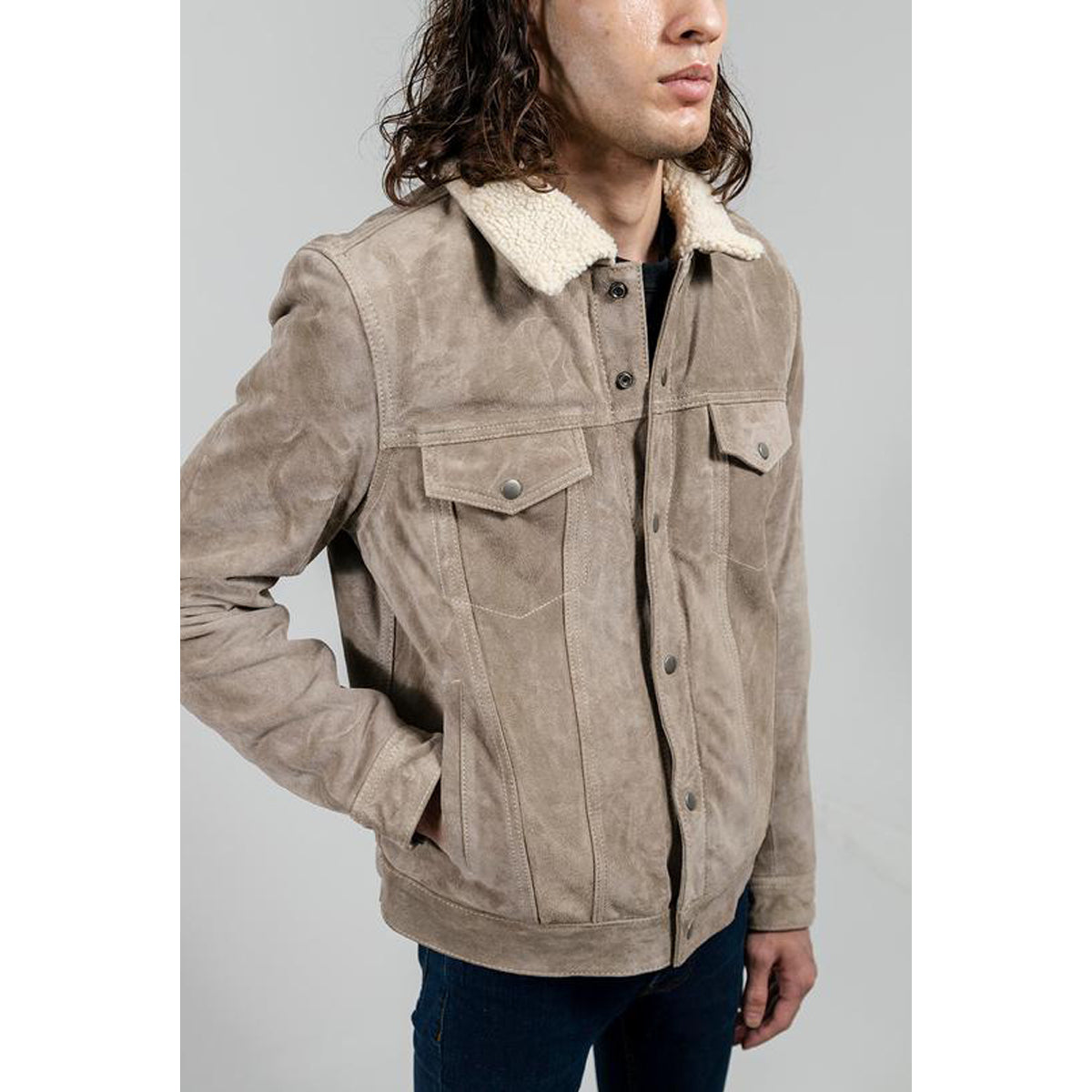 Luke - Men's Faux Shearling Cow Suede Jacket (Taupe)