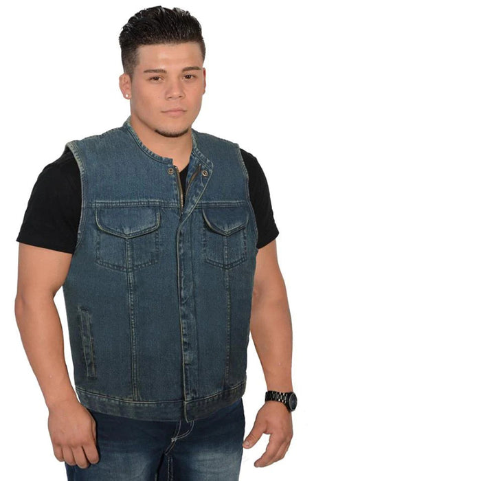 Men's Collarless Blue Denim Club Style Vest with Dual Closure