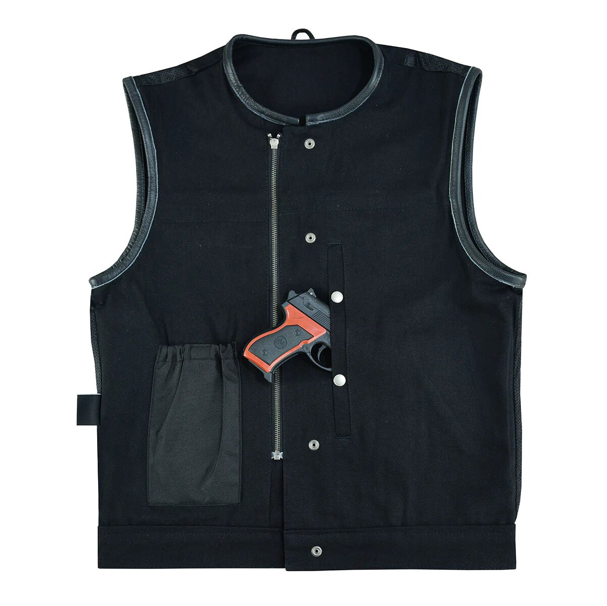 Denim Black Collarless Club Vest with Leather trims