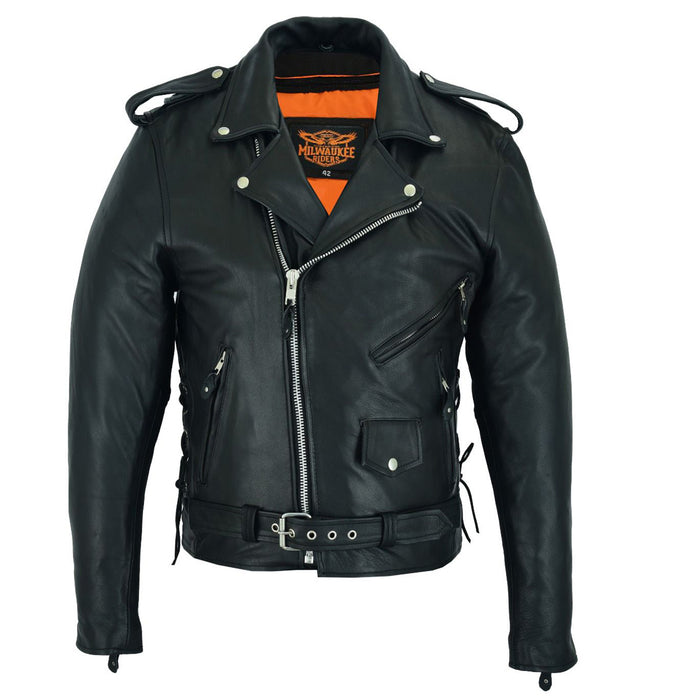 Mens Classic Police Style Motorcycle Jacket Side Laces By Milwaukee Riders®, Premium Cowhide Leather