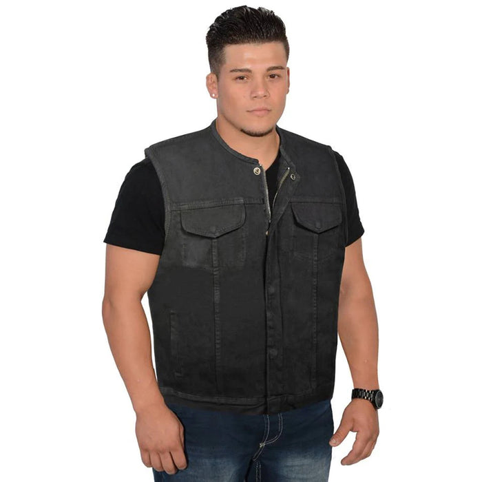 Men's Collarless Black Denim Club Style Vest with Dual Closure