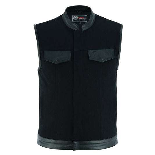 Denim Black Club Vest with Leather trims