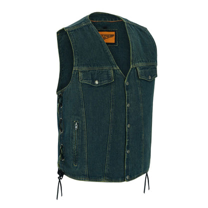 Motorcycle Denim Vest Side Laces V-collar Front Zipper Pockets