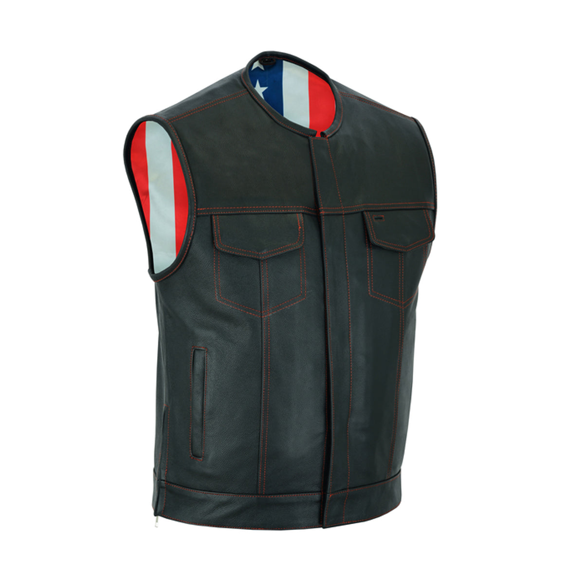 MEN’S LEATHER VEST WITH RED STITCHING AND USA INSIDE FLAG LINING