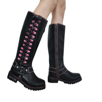 Milwaukee Riders Women Biker Long Boots with Pink Laces