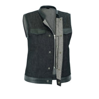 WOMEN’S ROUGH RUB-OFF RAW FINISH DENIM VEST W/LEATHER TRIM