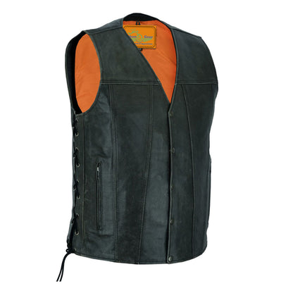 Men's Gray Motorcycle Vest Side Laces, Snap Front