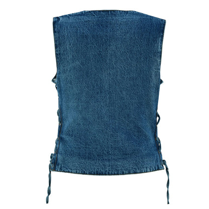 Women's Blue Denim V Neck Vest with Snap opening & side laces
