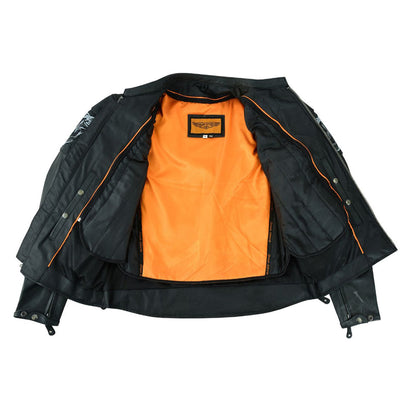 Men's Leather Concealed Carry Racing Jacket with Reflective Skulls