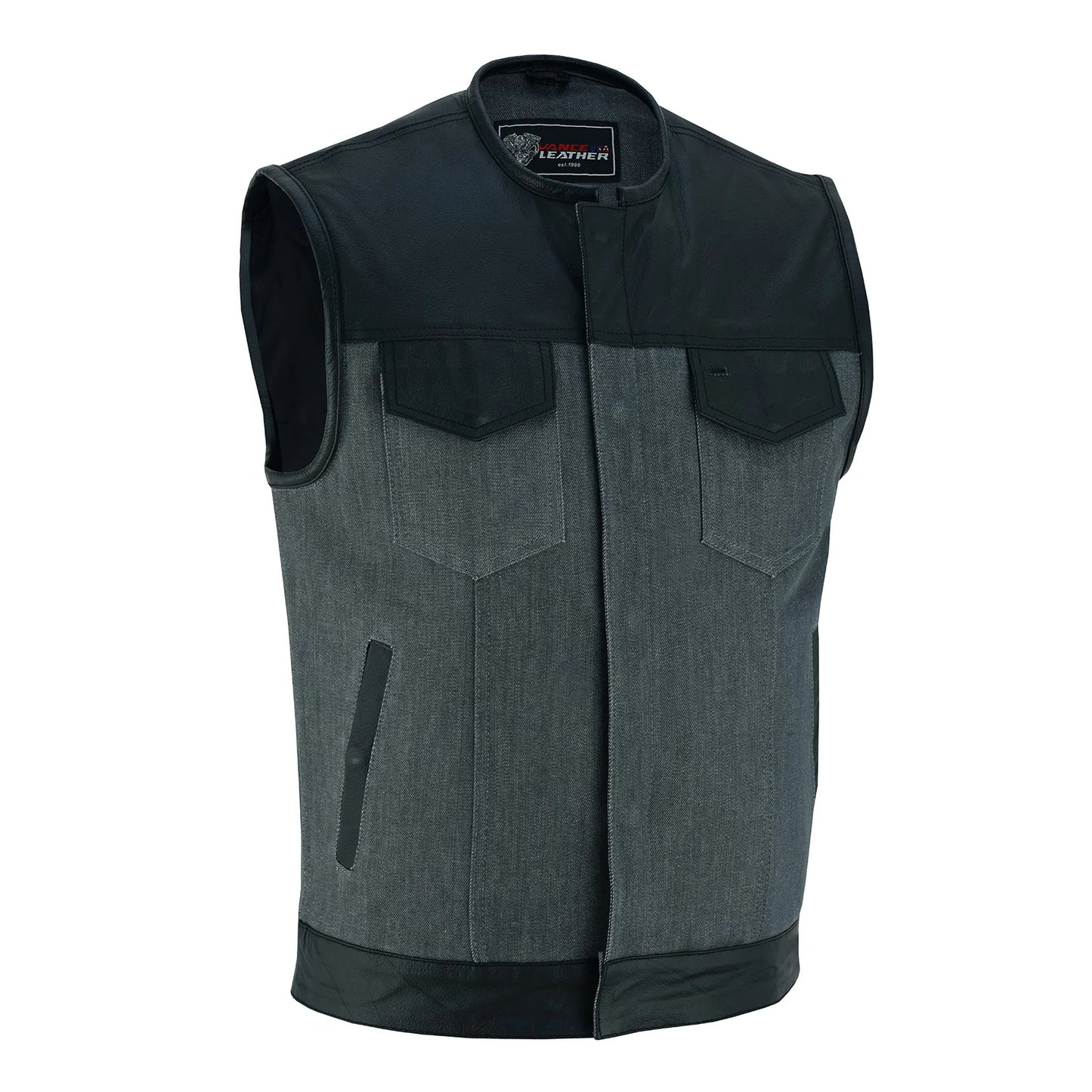 Men's Grey Denim & Leather Motorcycle Vest with CCW Pockets