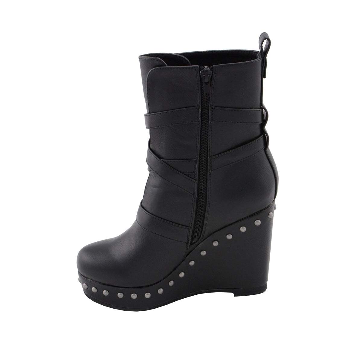 Womens Black Triple Strap Boot with Platform Wedge