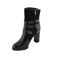 Womens Black Triple Buckle Strap Riding Boot with Block Heel
