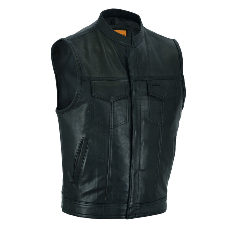 Dream Apparel Mens Motorcycle CLUB VEST Naked Cowhide Leather, Zipper Front, Concealed Front Snaps